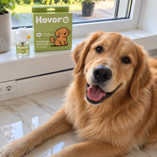 Entspannter Hund liegt zu Hause, während der Hovoro Diffusor läuft