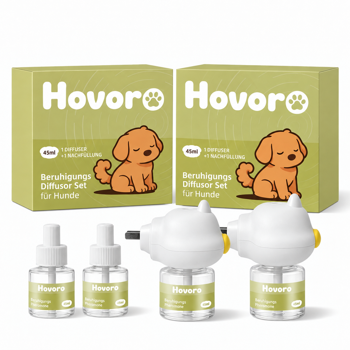 Hovoro Beruhigungs-Diffusor-Set für Hunde – zwei Verpackungen mit Diffusoren und Nachfüllern