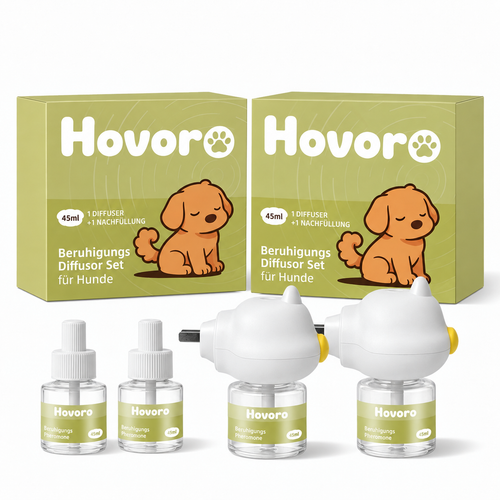 Hovoro Beruhigungs-Diffusor-Set für Hunde – zwei Verpackungen mit Diffusoren und Nachfüllern